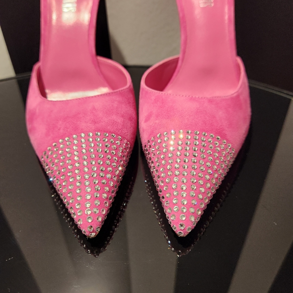 New Paris Texas Holly Cherry Embellished Pink Suede Mules Size 9 (US) 39 (EU) - Picture 3 of 7